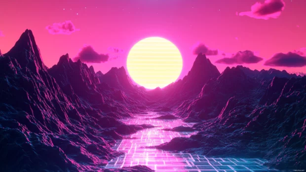 A neon cyberpunk art wallpaper scene with glitch effects and pink sky.