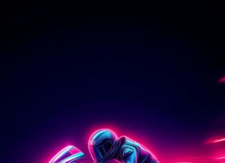 A neon glowing silhouette of a motorcycle speeding through a futuristic city, with neon lights reflecting off the sleek metallic surface, set against a dark background.
