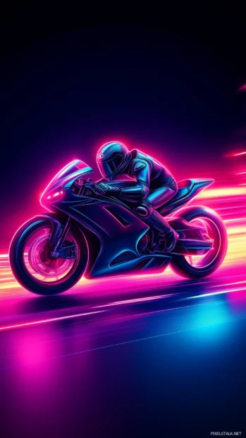 A neon glowing silhouette of a motorcycle speeding through a futuristic city, with neon lights reflecting off the sleek metallic surface, set against a dark background.