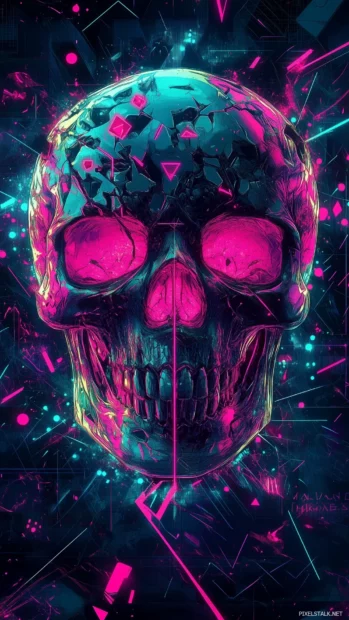 A neon glowing skull design, with sharp edges and intricate details, surrounded by floating neon lines and geometric patterns, giving off an edgy and intense vibe.