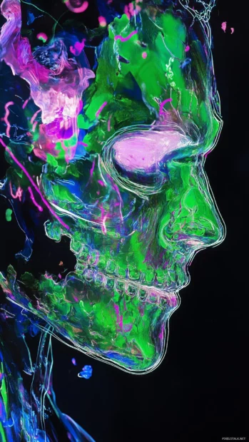 A neon green skull with intricate, glowing linework, highlighted by radiant pink and blue accents, set against a black background.