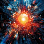 A neon light bursts radiating from a central glowing orb, surrounded by sharp abstract designs.