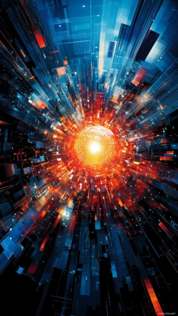 A neon light bursts radiating from a central glowing orb, surrounded by sharp abstract designs.