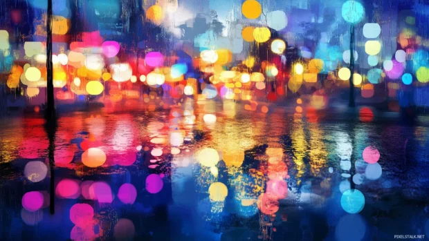A neon lights forming a glowing city skyline with vibrant reflections on wet streets, Vector illustration.