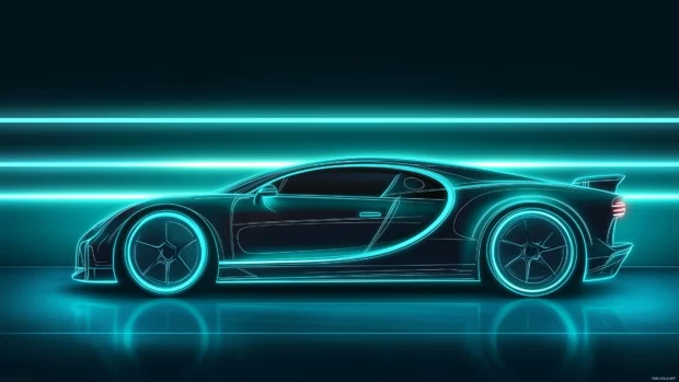 A neon lights outlining a sleek car in a cyberpunk themed garage, Vector illustration.