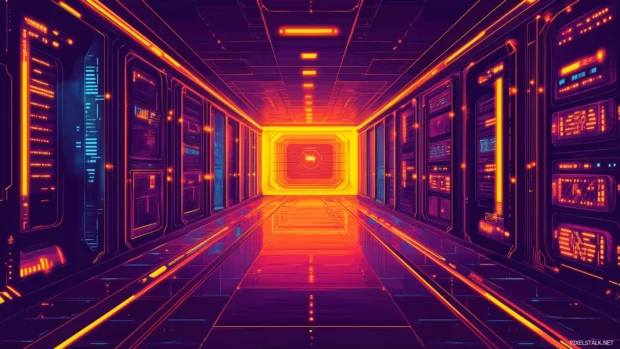A neon lit cyberpunk alleyway with glowing signs and vivid reflections, Vector illustration, D art.