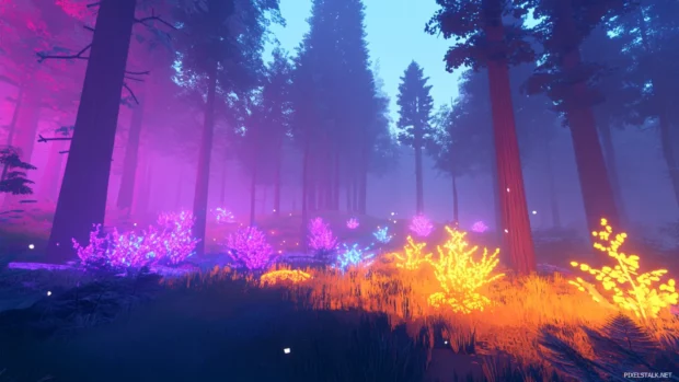 A neon lit forest with glowing plants and mist on the ground.