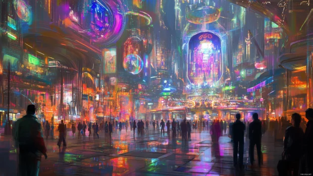 A neon lit futuristic city square filled with vibrant holograms and glowing pathways.
