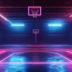 A neon lit indoor basketball court, ideal for sports fan backgrounds and basketball wallpaper HD.