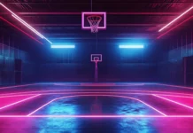 A neon lit indoor basketball court, ideal for sports fan backgrounds and basketball wallpaper HD.