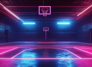 A neon lit indoor basketball court, ideal for sports fan backgrounds and basketball wallpaper HD.