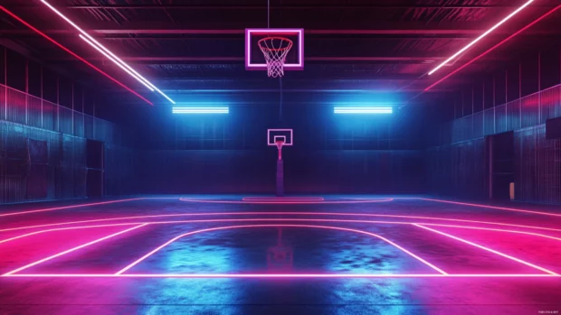 A neon lit indoor basketball court, ideal for sports fan backgrounds and basketball wallpaper HD.