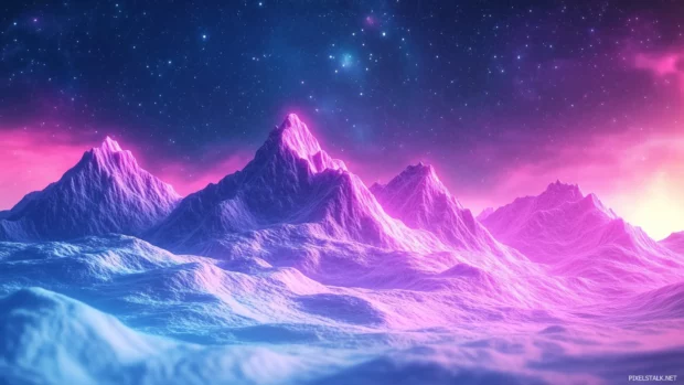 A neon mountain range glowing in pink and purple tones under a starry sky, Vector illustration, D art.