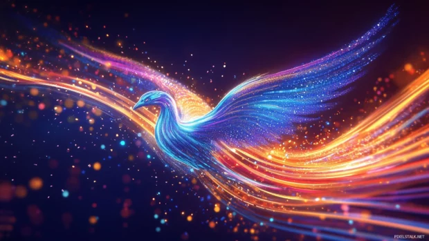 A neon phoenix rising with radiant trails of fiery blue and orange light, Vector illustration, D art.