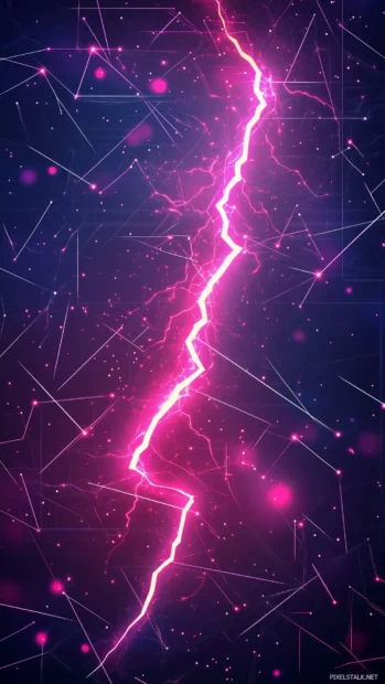 A neon pink lightning bolt crackling through the night sky, surrounded by abstract geometric shapes and glowing energy trails, creating a powerful, electrifying at.