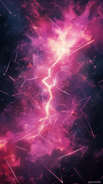A neon pink lightning bolt crackling through the night sky, surrounded by abstract geometric shapes and glowing energy trails, creating a powerful, electrifying atmosphere.