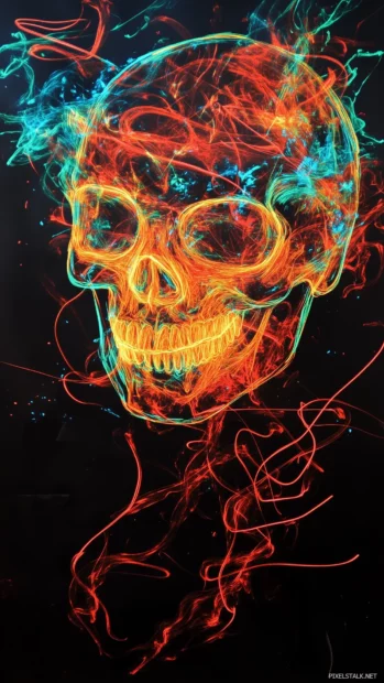 A neon skull design with vivid orange and red flames wrapping around it, set against a black background to make the colors pop.
