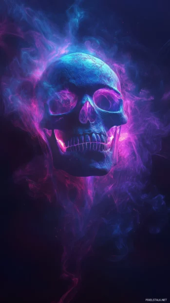 A neon skull glowing with vibrant purple and electric blue outlines, surrounded by smoky neon effects in a dark background.