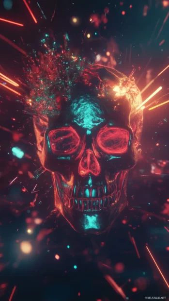A neon skull in a mixture of red, green, and blue hues, surrounded by light trails and glowing particles in a dark and mysterious atmosphere.