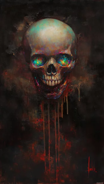 A neon skull with rainbow colored highlights, emitting an iridescent glow, set against a textured dark background for contrast.