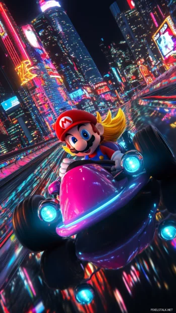 A neon skyline reflects on the racetrack as Princess Daisy boosts ahead of Mario.