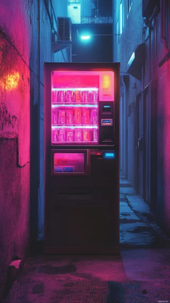 A neon vending machine in a deserted alley, minimal Cyberpunk iPhone Wallpapers aesthetic.