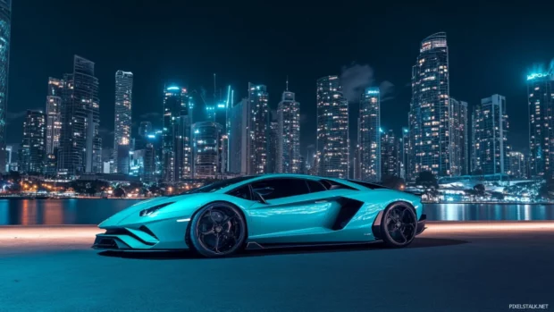 A night cityscape Lamborghini wallpaper with a glowing cyan Lamborghini Revuelto beside skyscrapers.