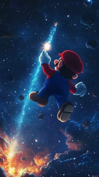 A night sky level reveals Super Mario launching upward between stars and comets.
