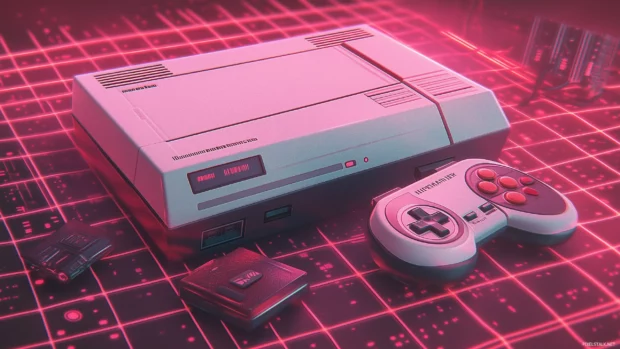 A nostalgic wallpaper featuring a classic 8 bit gaming console with vintage controllers, displayed on a glowing synthwave grid, Retro style.