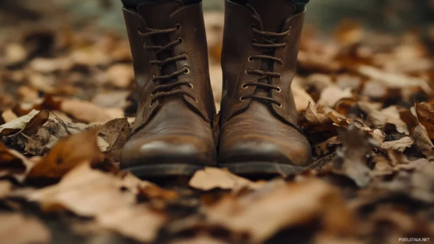 A pair of boots stepping into crunchy fallen leaves.