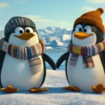 A pair of cartoon penguins wearing scarves and hats, sliding on ice with a backdrop of icebergs and a pale winter sun.
