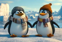 A pair of cartoon penguins wearing scarves and hats, sliding on ice with a backdrop of icebergs and a pale winter sun.