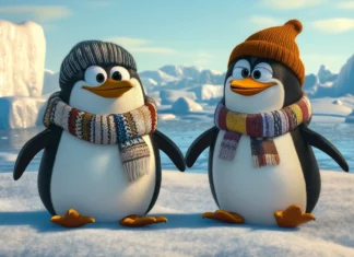 A pair of cartoon penguins wearing scarves and hats, sliding on ice with a backdrop of icebergs and a pale winter sun.