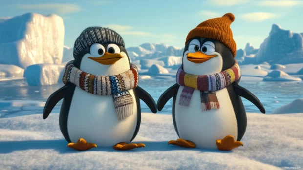 A pair of cartoon penguins wearing scarves and hats, sliding on ice with a backdrop of icebergs and a pale winter sun.