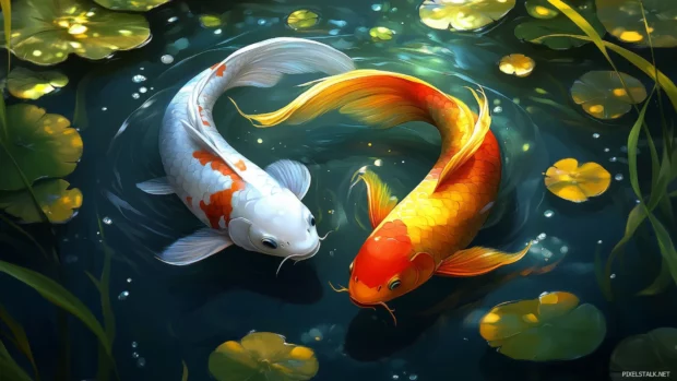 A pair of colorful koi fish gracefully circling each other in a tranquil pond, with reflections of overhanging branches on the water surface.