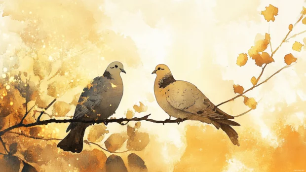 A pair of doves resting on a branch under golden light in a watercolor bird silhouette wallpaper.