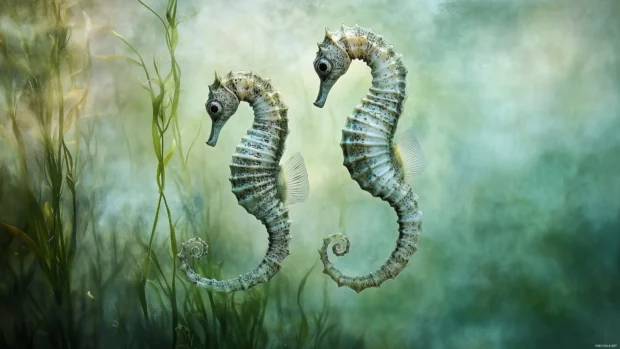 A pair of seahorses clinging to seagrass, with delicate details of their texture and tails wrapped around the plants in a serene underwater setting.
