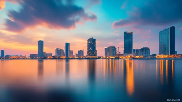 A panoramic view of a city skyline at dusk, perfect for Windows 10 lock screen wallpaper.