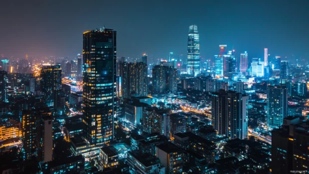 A panoramic view of a futuristic cyberpunk metropolis at night, ideal for a cyberpunk 4K city wallpaper setup.