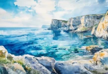 A panoramic watercolor ocean view from towering cliffs.