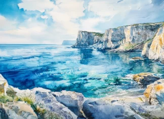 A panoramic watercolor ocean view from towering cliffs.