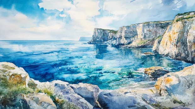 A panoramic watercolor ocean view from towering cliffs.