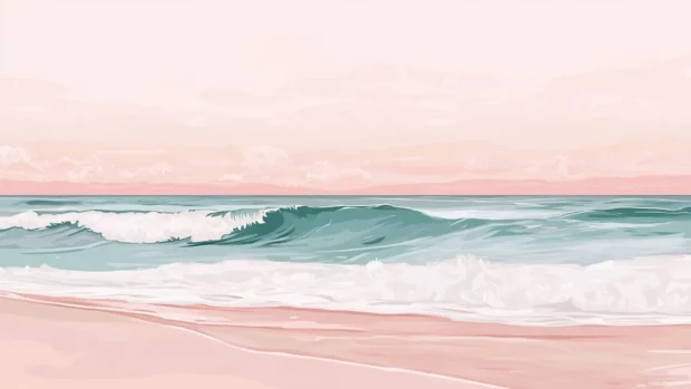 A pastel beach scene with cute summertime aesthetic, soft pink skies and gentle waves.