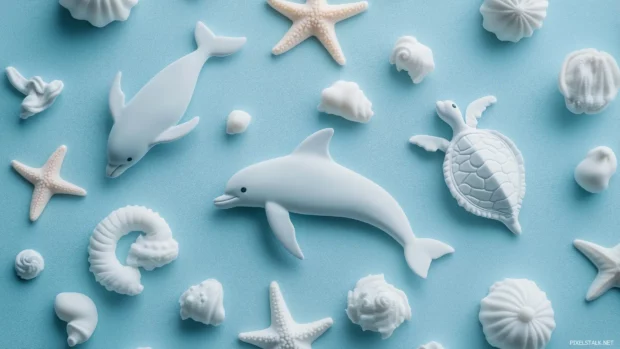 A pastel blue background filled with cute ocean creatures like dolphins, starfish, and turtles, bringing a playful underwater adventure theme.