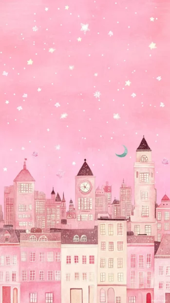 A pastel dream perfect for Whimsical pink starry night wallpaper, with pink stars shining above a cartoon city skyline.