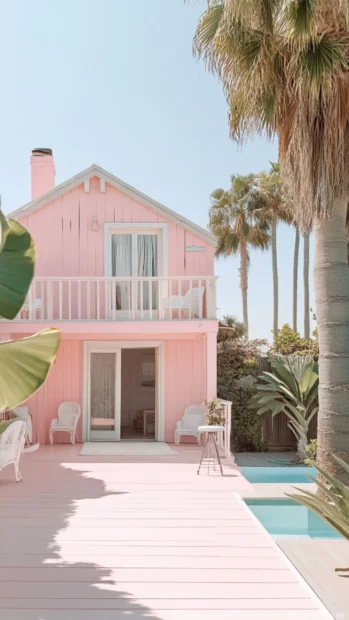 A pastel painted beach house embodies Summer Vibes by the coast.