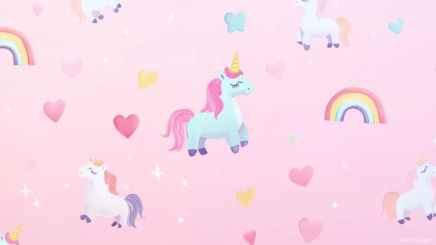 A pastel pink wallpaper decorated with hearts, rainbows, and unicorns, perfect for adding a magical, whimsical touch to a child room.