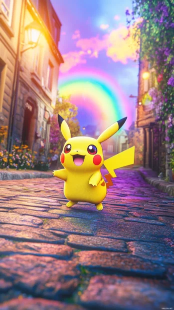 A pastel rainbow glows behind Pikachu as it skips along a cobblestone path.