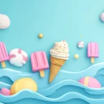 A pastel summer day where ice cream cones and popsicles float above pastel blue waves.