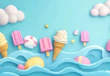 A pastel summer day where ice cream cones and popsicles float above pastel blue waves.